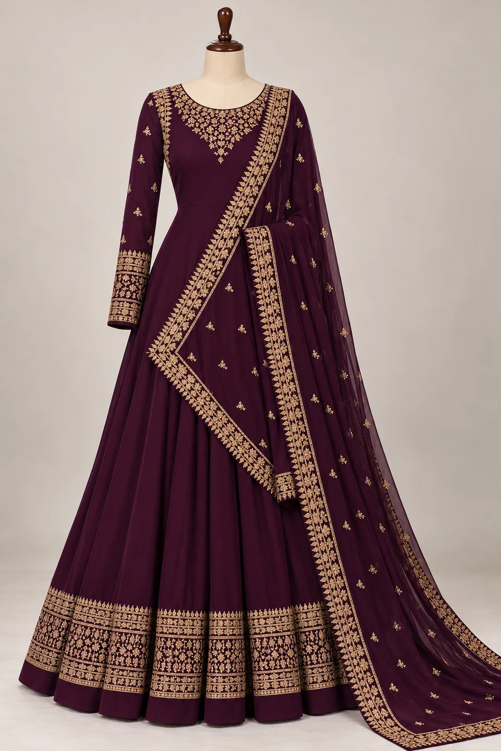 Deep Purple Semi-Stitched Pakistani Gown with Heavy Embroidered Neckline
