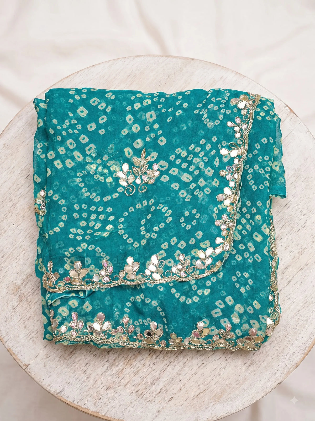 Teal Bandhani Print Georgette Saree with Mirror Work Border