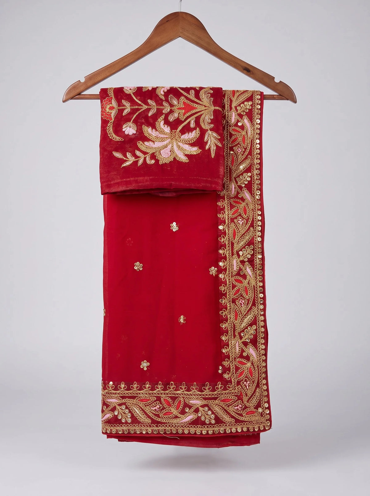 Deep Red Soft Georgette Saree with Heavy Mirror Work Border