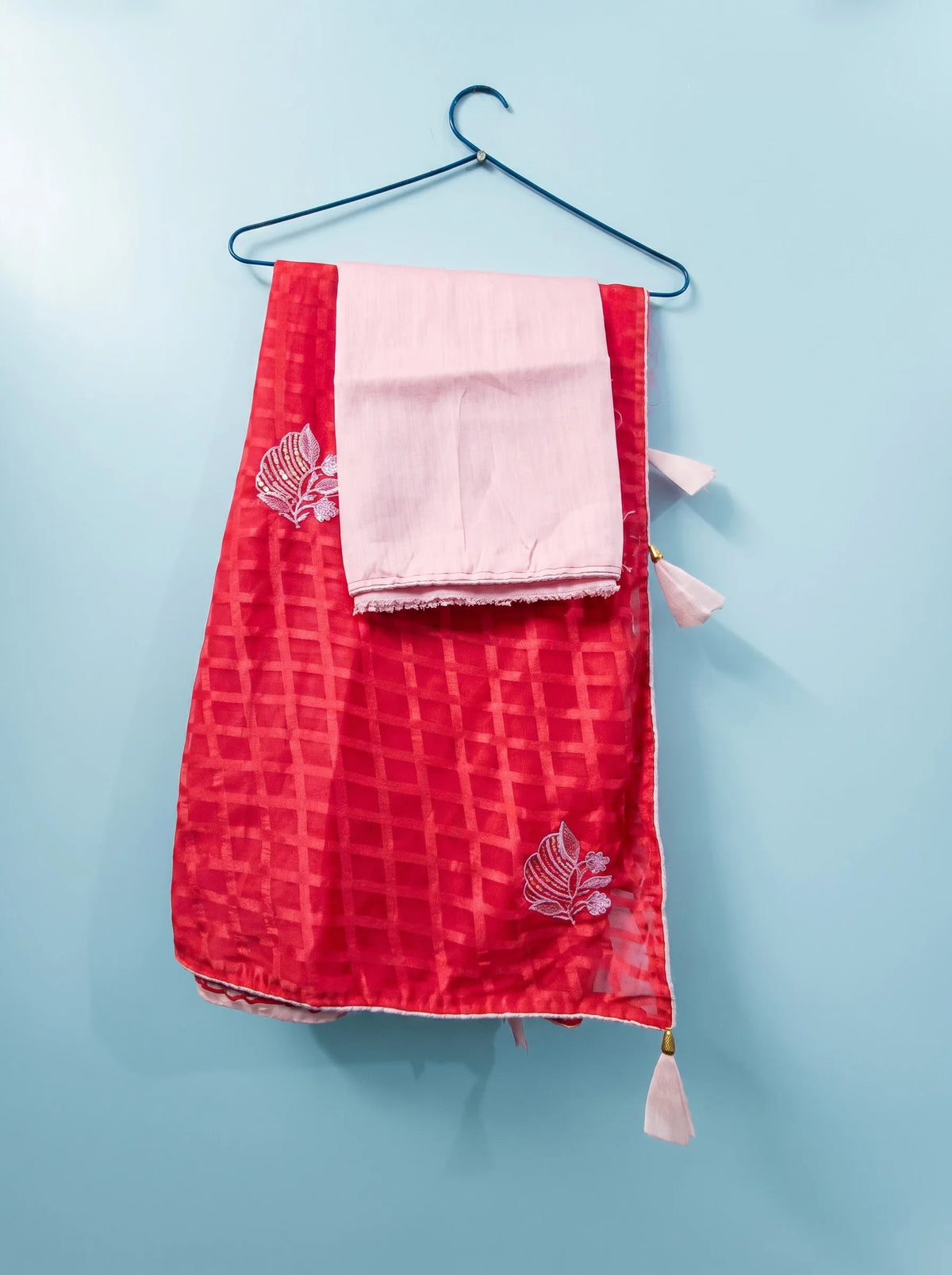 Pink-Red Chanderi Silk Saree with Check Pattern & Floral Thread Embroidery