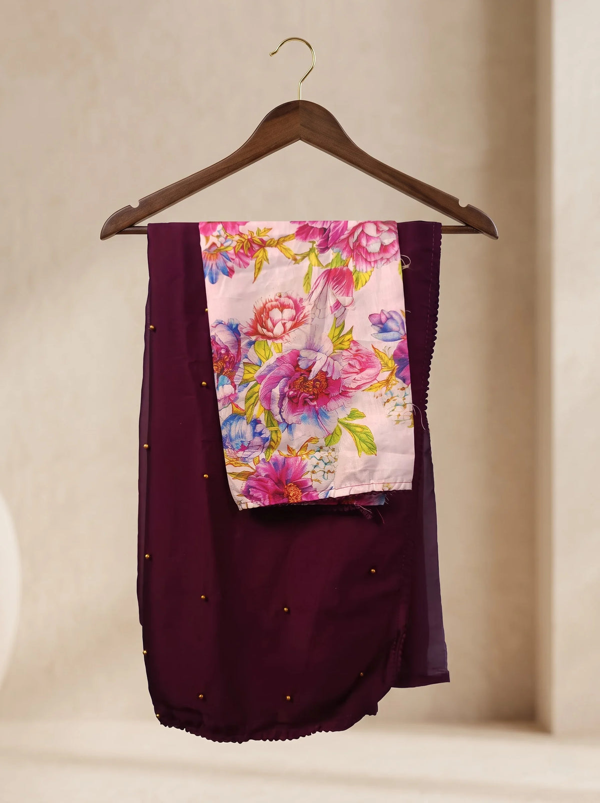 Wine-Maroon Chinon Silk Saree with Pearl Beading & Floral Blouse