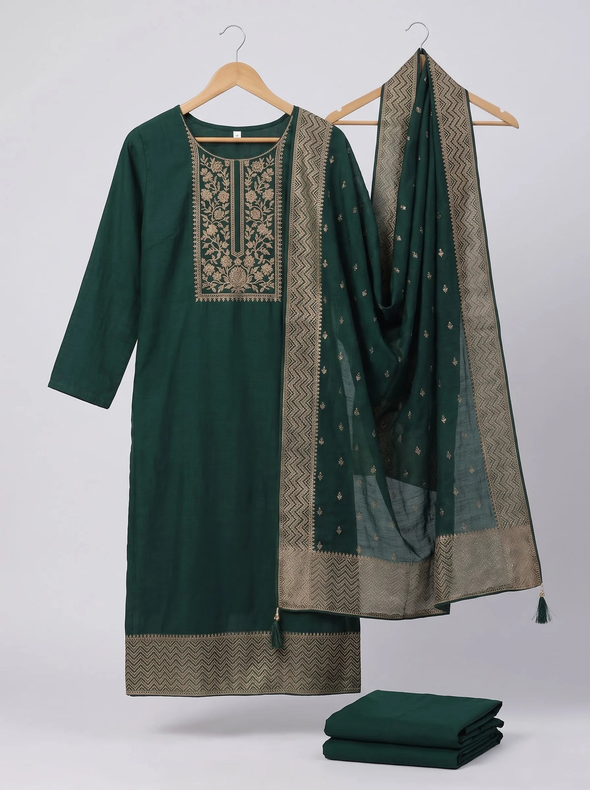 Bottle Green Semi-Stitched Pakistani Suit with Heavy Neck & Daman