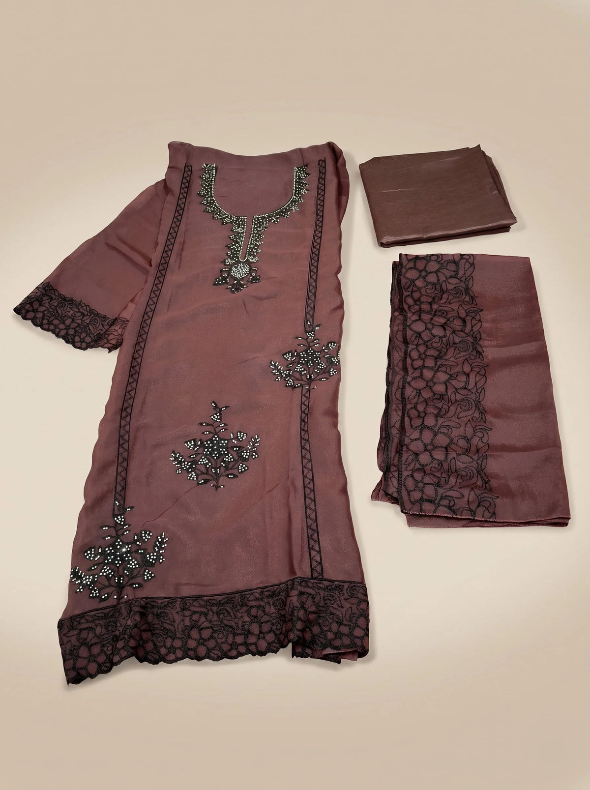Mauve-Brown Raw Silk Suit with Black Sequin Embroidery & Lace Border