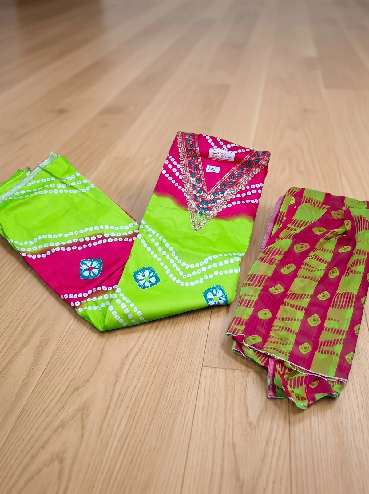 Lime Green & Pink Bandhani Print Rayon Cotton Suit with Gota-Patti Neckline