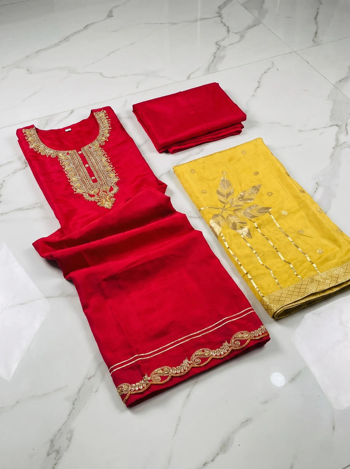 Magenta Pink Chanderi Silk Suit with Heavy Neck Embroidery & Banarasi Dupatta