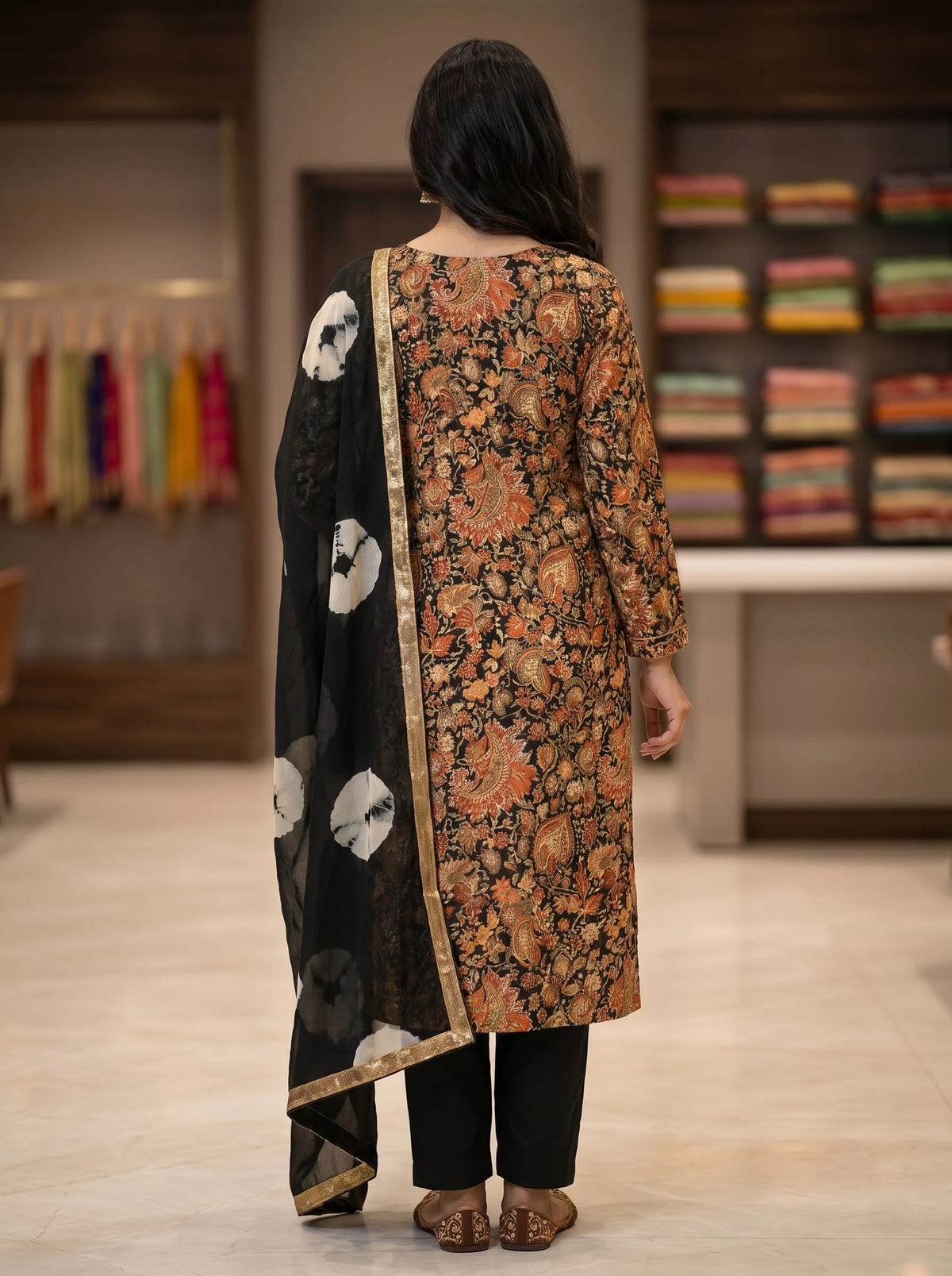 Black Floral Paisley Print Rayon Cotton Suit with Heavy Neck Embroidery
