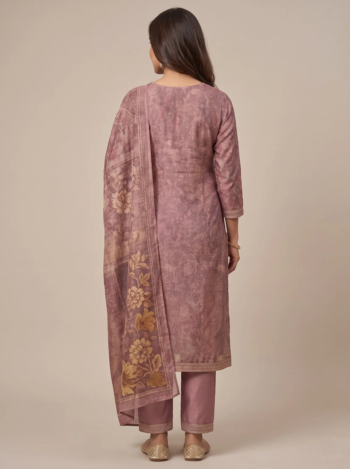 Mauve Rose Self-Woven Chanderi Silk Blend Suit with Embroidered Neckline