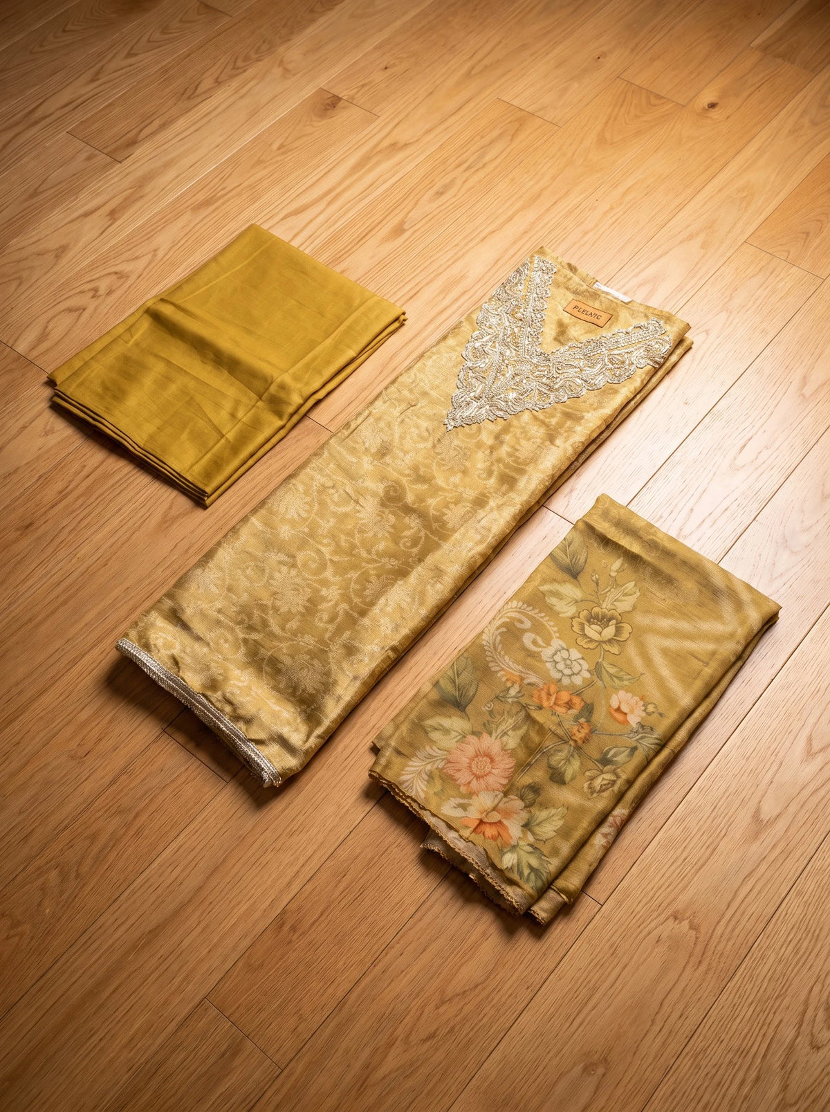 Olive Gold Chanderi Silk Suit with Beaded Neckline & Floral Print Dupatta