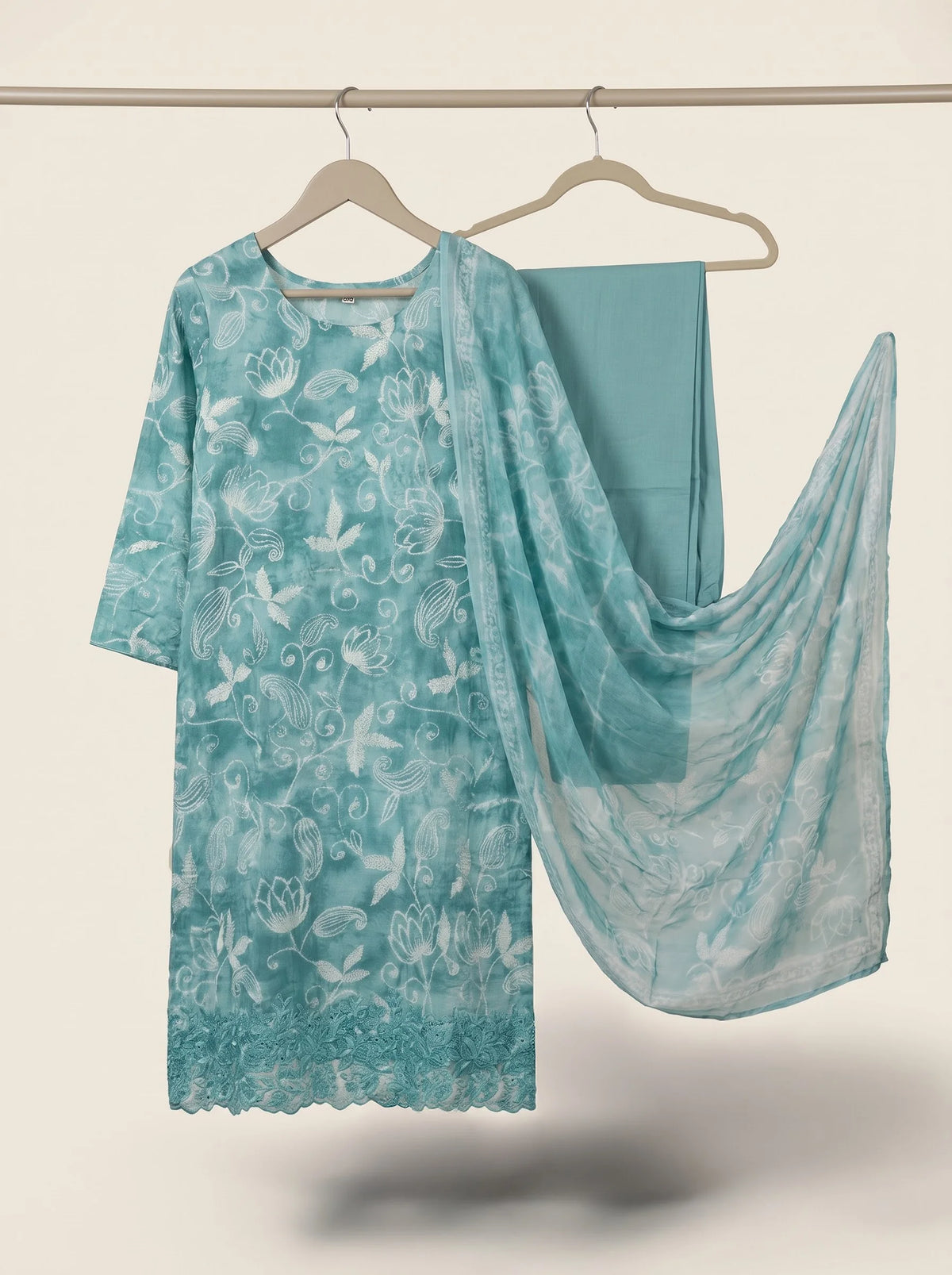 Turquoise Jaam Cotton Suit with Floral Vine Embroidery
