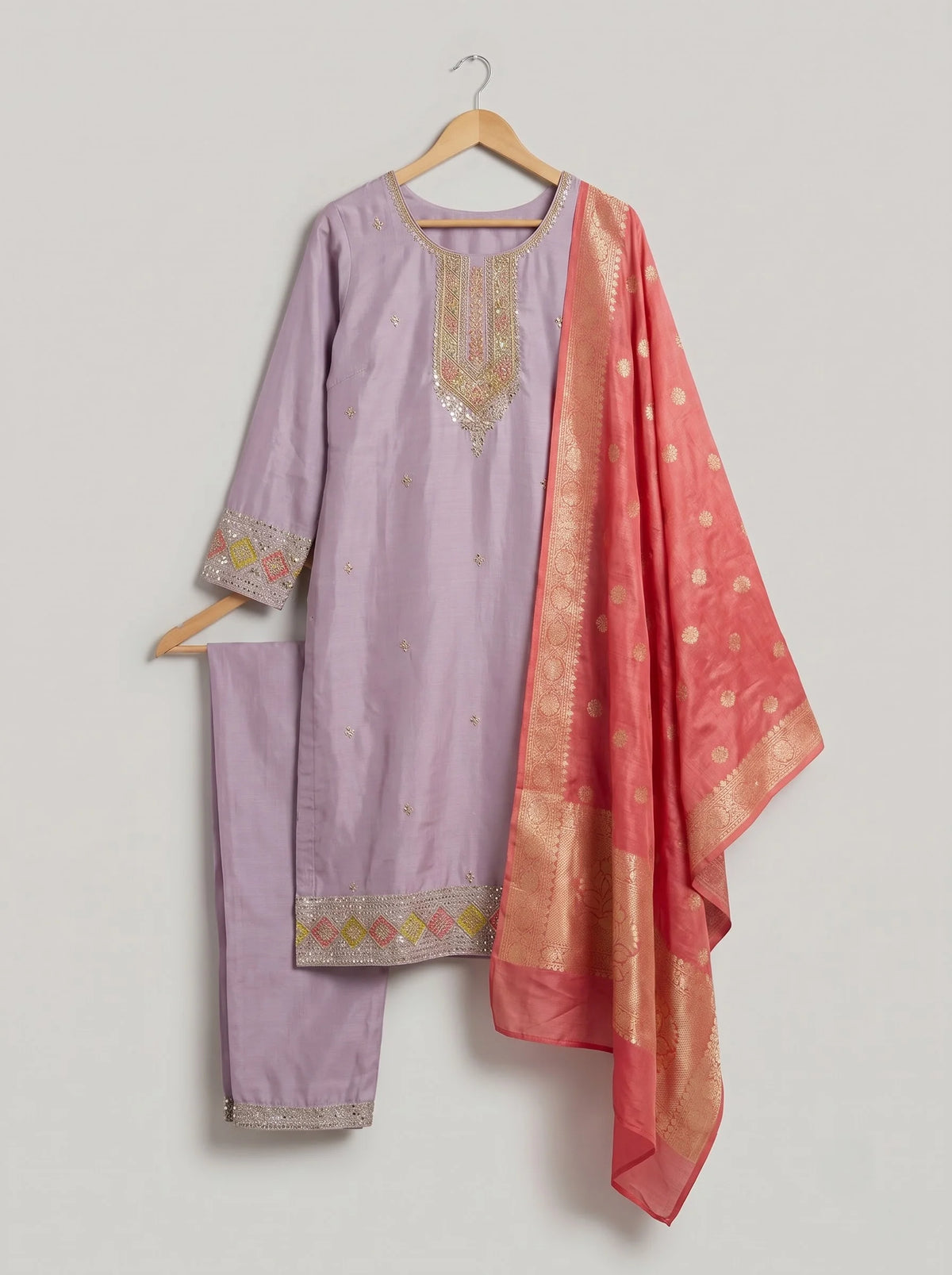 Lavender Gajji Satin Suit with Diamond Sequin Border