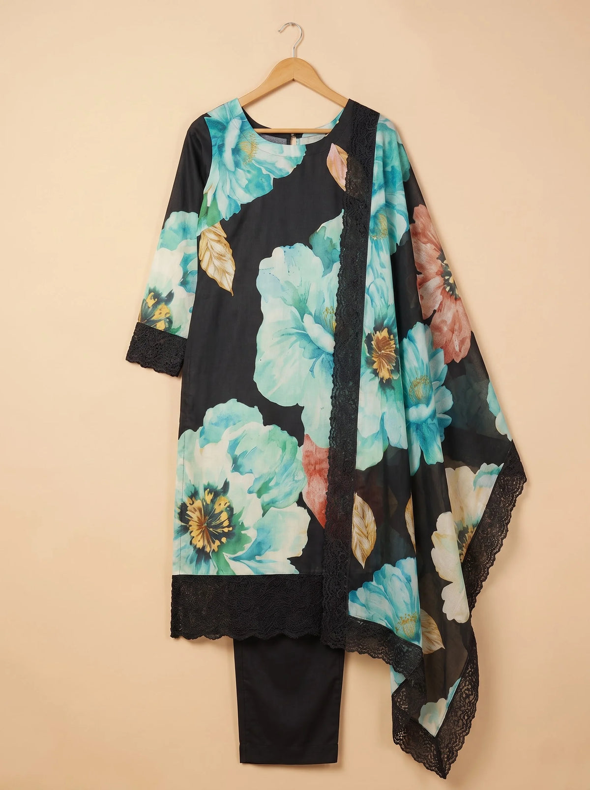 Black Turquoise Floral Digital Print Muslin Suit