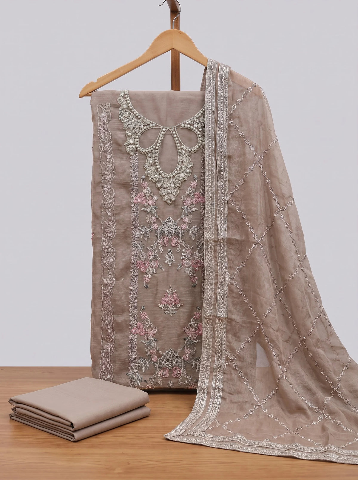 Taupe Silk Suit with Pearl-Embroidered Tulip Neckline
