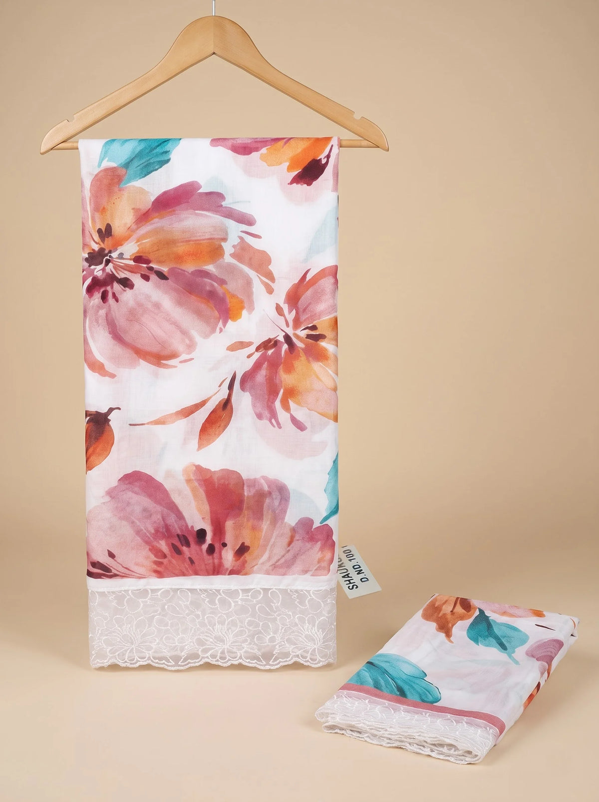 Ivory Coral Floral Digital Print Muslin Suit