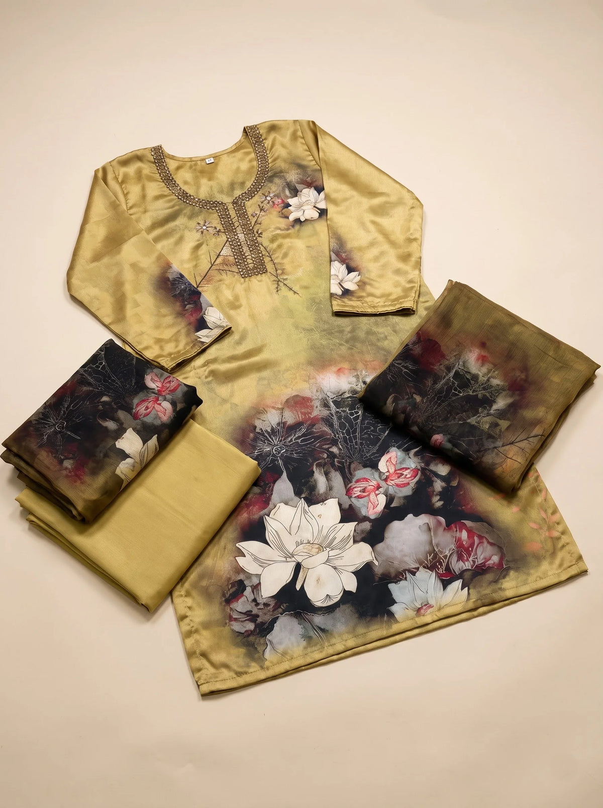 Olive Gold Shimmer Organza Suit with Heavy Gota-Patti Mirror Work