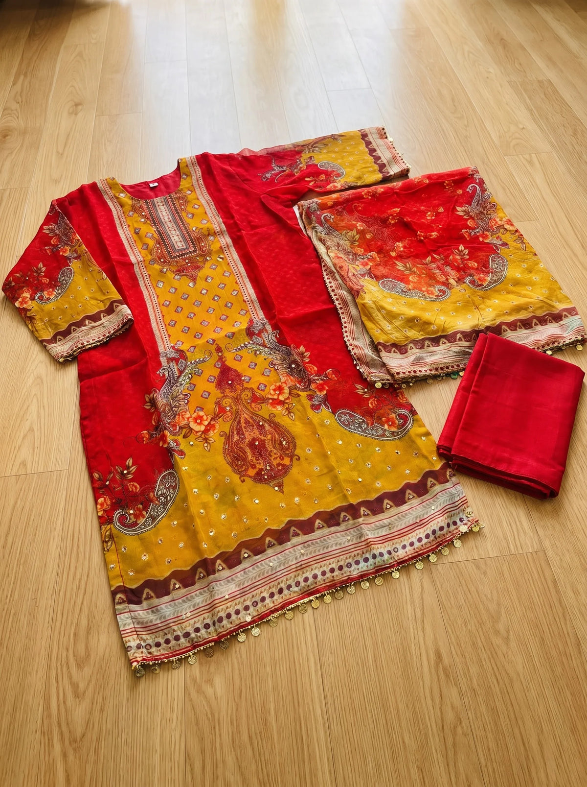 Red-Mustard Paisley Print Organza Suit with Mirror Work & Coin Fringe