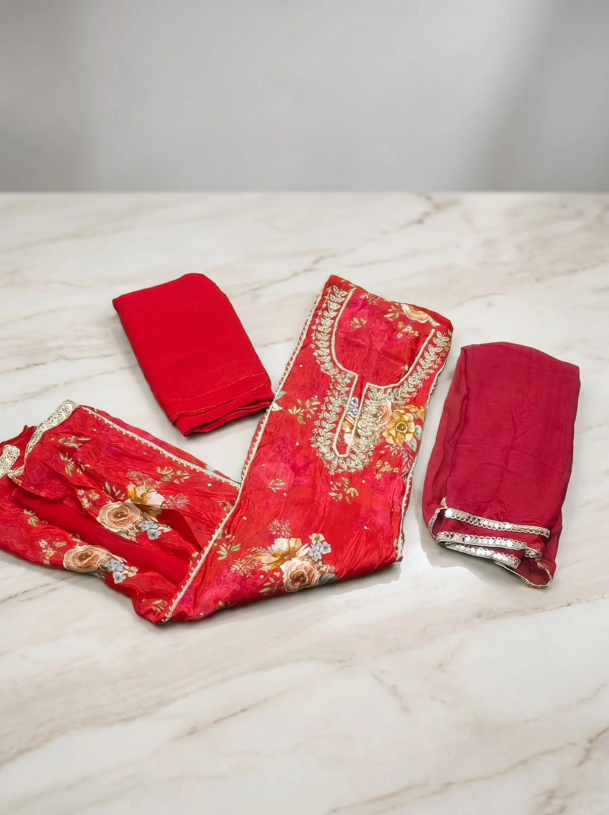 Red Floral Digital Print Organza Suit with Mirror-Work Dupatta