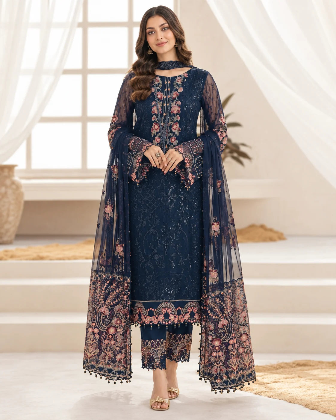 Navy Blue Semi-Stitched Pakistani Suit with Heavy Net Embroidery