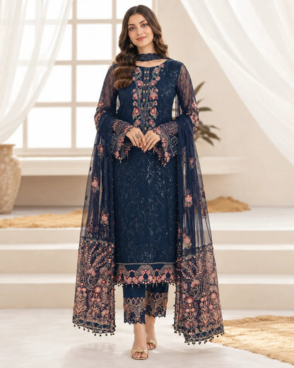 Navy Blue Semi-Stitched Pakistani Suit with Heavy Net Embroidery