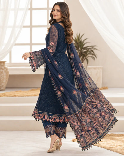 Navy Blue Semi-Stitched Pakistani Suit with Heavy Net Embroidery
