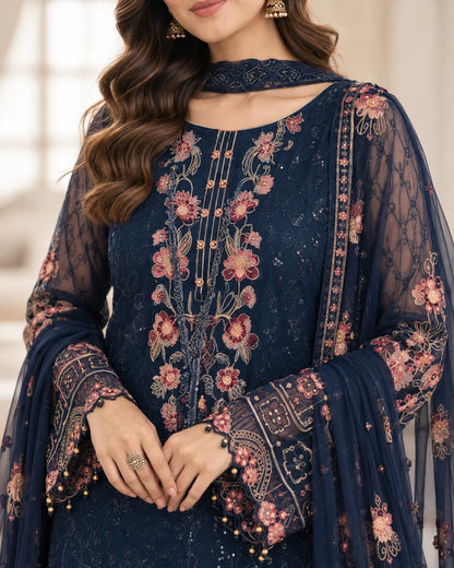 Navy Blue Semi-Stitched Pakistani Suit with Heavy Net Embroidery