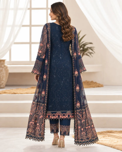 Navy Blue Semi-Stitched Pakistani Suit with Heavy Net Embroidery
