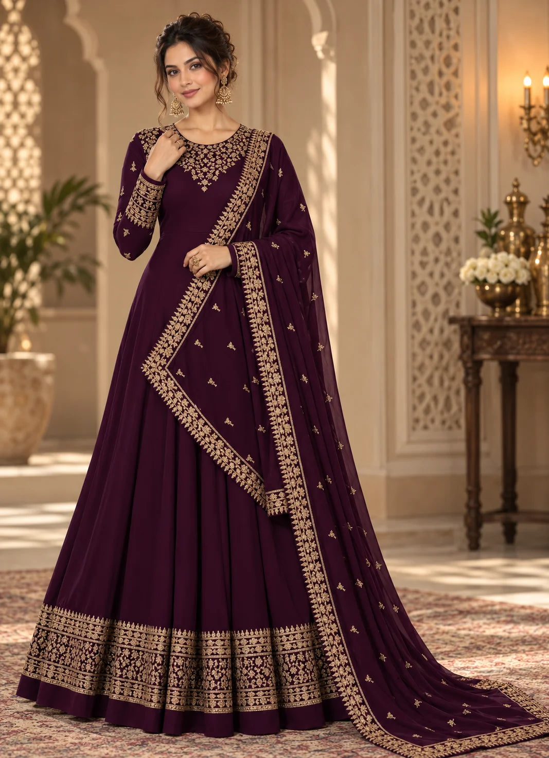 Deep Purple Semi-Stitched Pakistani Gown with Heavy Embroidered Neckline