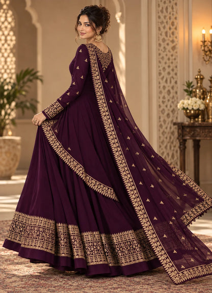 Deep Purple Semi-Stitched Pakistani Gown with Heavy Embroidered Neckline