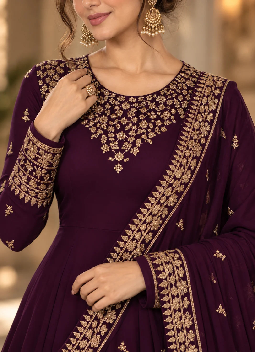 Deep Purple Semi-Stitched Pakistani Gown with Heavy Embroidered Neckline