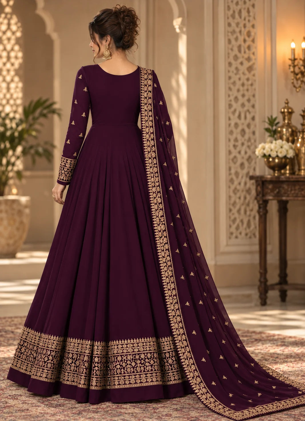 Deep Purple Semi-Stitched Pakistani Gown with Heavy Embroidered Neckline