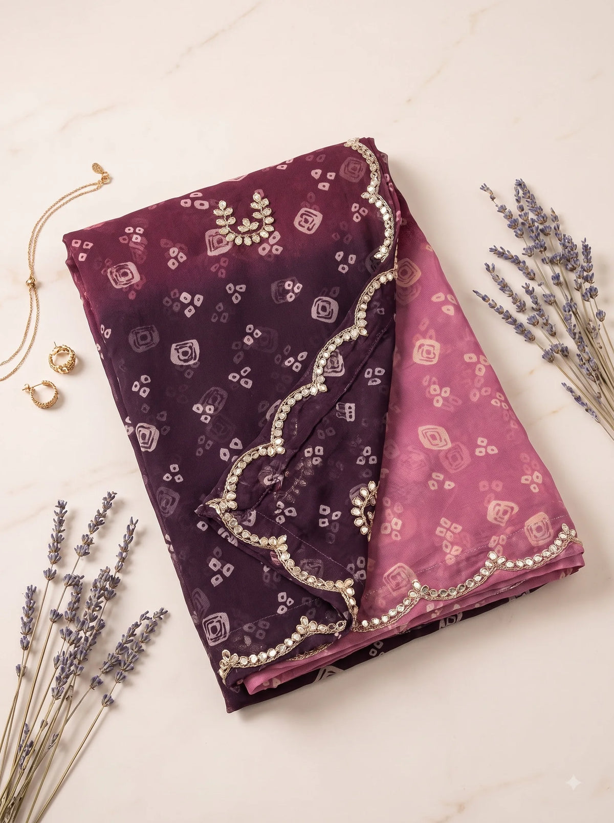 Magenta-Purple Ombre Bandhani Print Georgette Saree with Hand Work