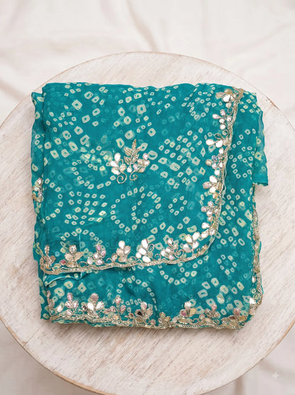 Teal Bandhani Print Georgette Saree with Mirror Work Border