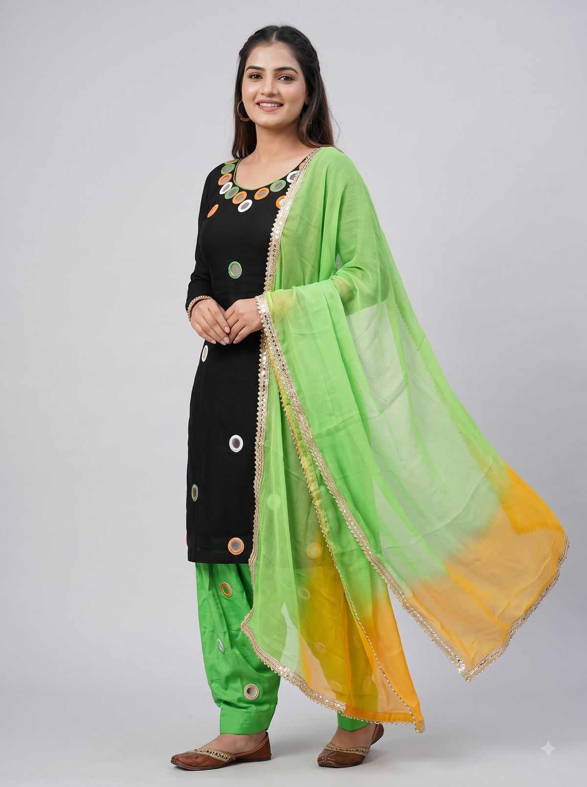 Black Multicolor Mirror Work Organza Unstitched Suit with Ombré Dupatta