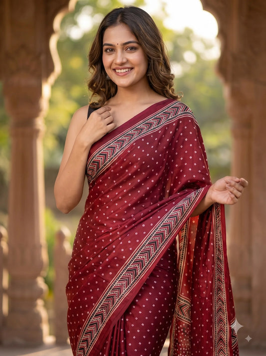 Maroon Bandhani Print Ajrakh Pure Modal Silk Saree with Chevron Border