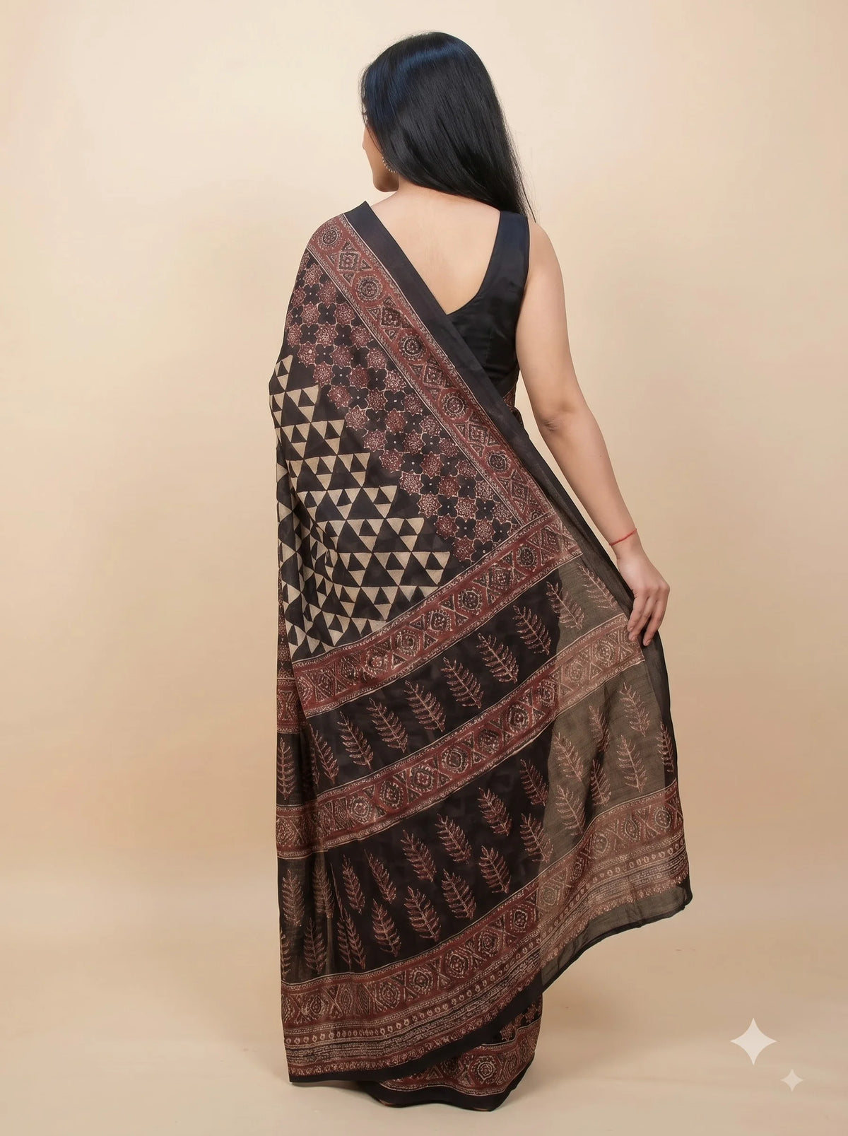 Ajrakh Print Pure Modal Silk Saree with Geometric Triangle Weave