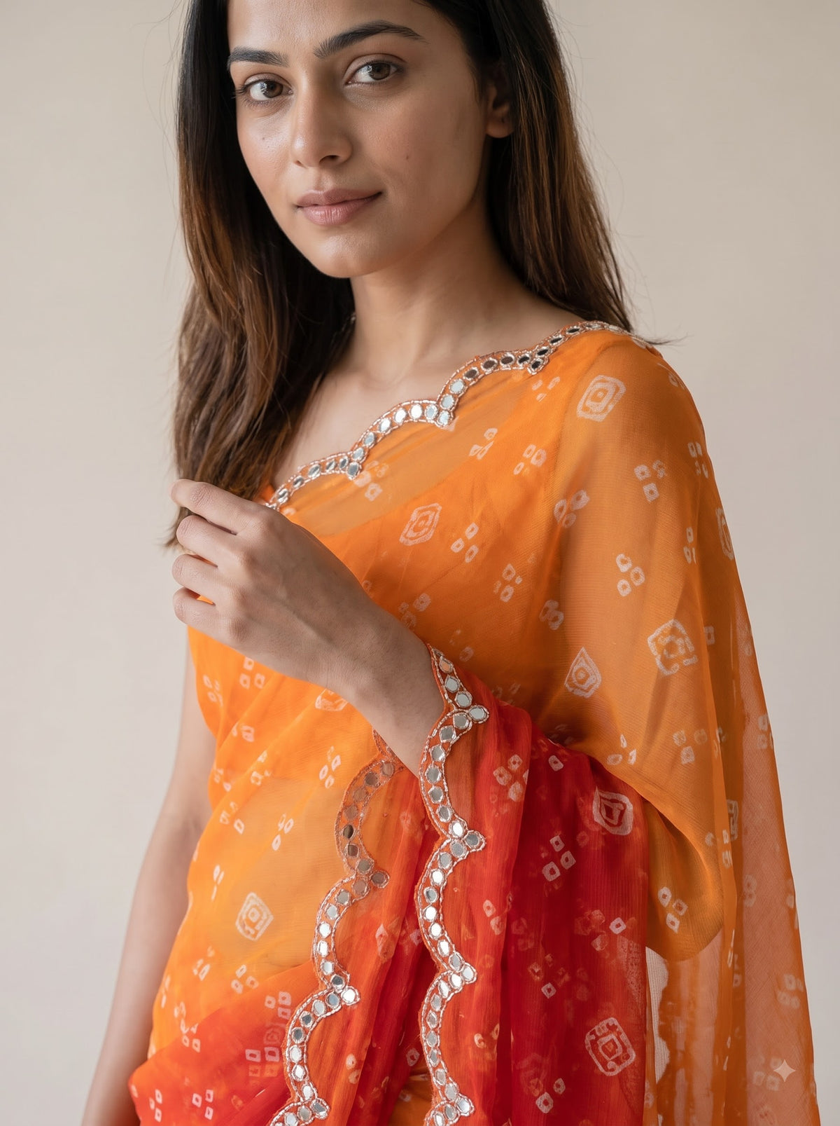 Orange-Red Ombre Bandhani Print Party Wear Saree with Hand Work