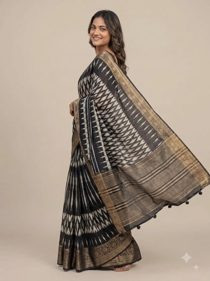 Black & Gold Ikat Print Dola Silk Saree with Banarasi Border