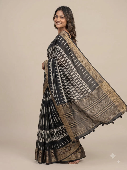 Black & Gold Ikat Print Dola Silk Saree with Banarasi Border