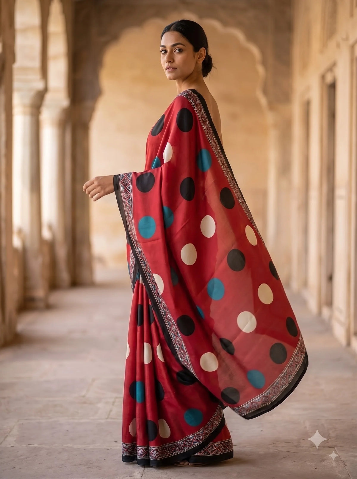 Crimson Dot Ajrakh Print Silk Saree with Contrast Border