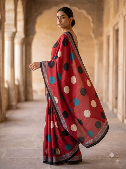 Crimson Dot Ajrakh Print Silk Saree with Contrast Border