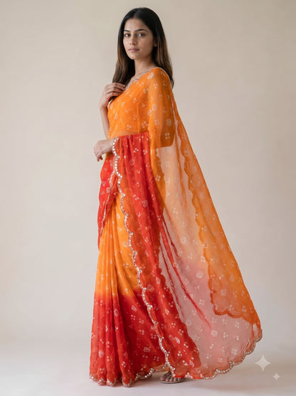 Orange-Red Ombre Bandhani Print Party Wear Saree with Hand Work