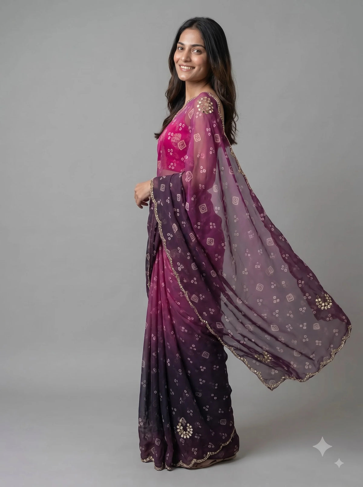 Magenta-Purple Ombre Bandhani Print Georgette Saree with Hand Work