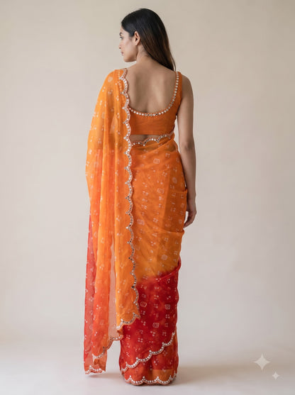 Orange-Red Ombre Bandhani Print Party Wear Saree with Hand Work