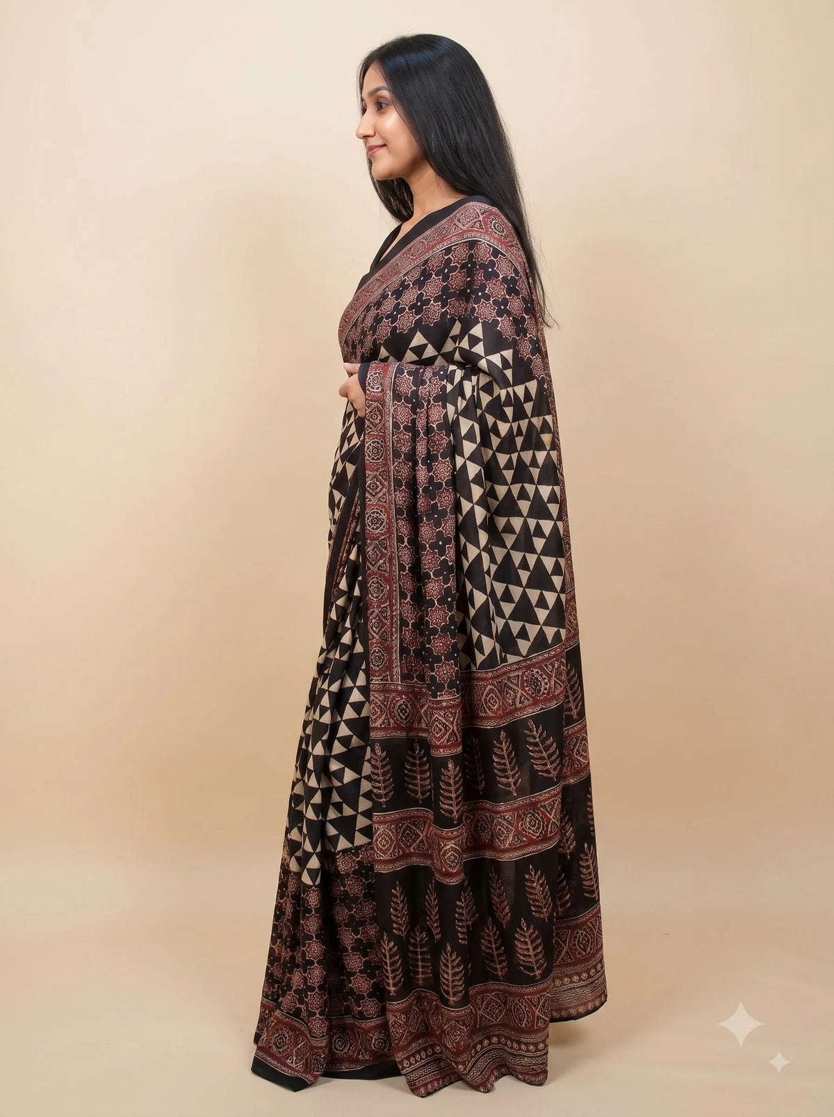 Ajrakh Print Pure Modal Silk Saree with Geometric Triangle Weave