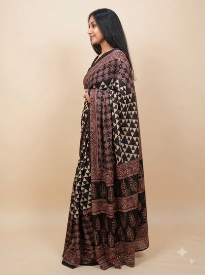 Ajrakh Print Pure Modal Silk Saree with Geometric Triangle Weave