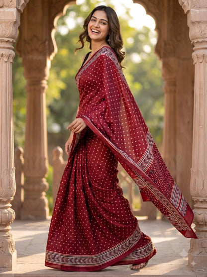 Maroon Bandhani Print Ajrakh Pure Modal Silk Saree with Chevron Border
