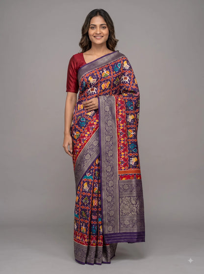 Purple Patola-Style Ikat Print Pure Modal Silk Saree with Zari Border