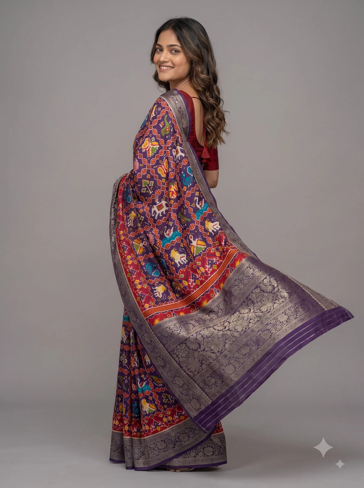 Purple Patola-Style Ikat Print Pure Modal Silk Saree with Zari Border