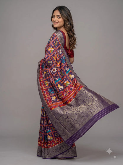 Purple Patola-Style Ikat Print Pure Modal Silk Saree with Zari Border
