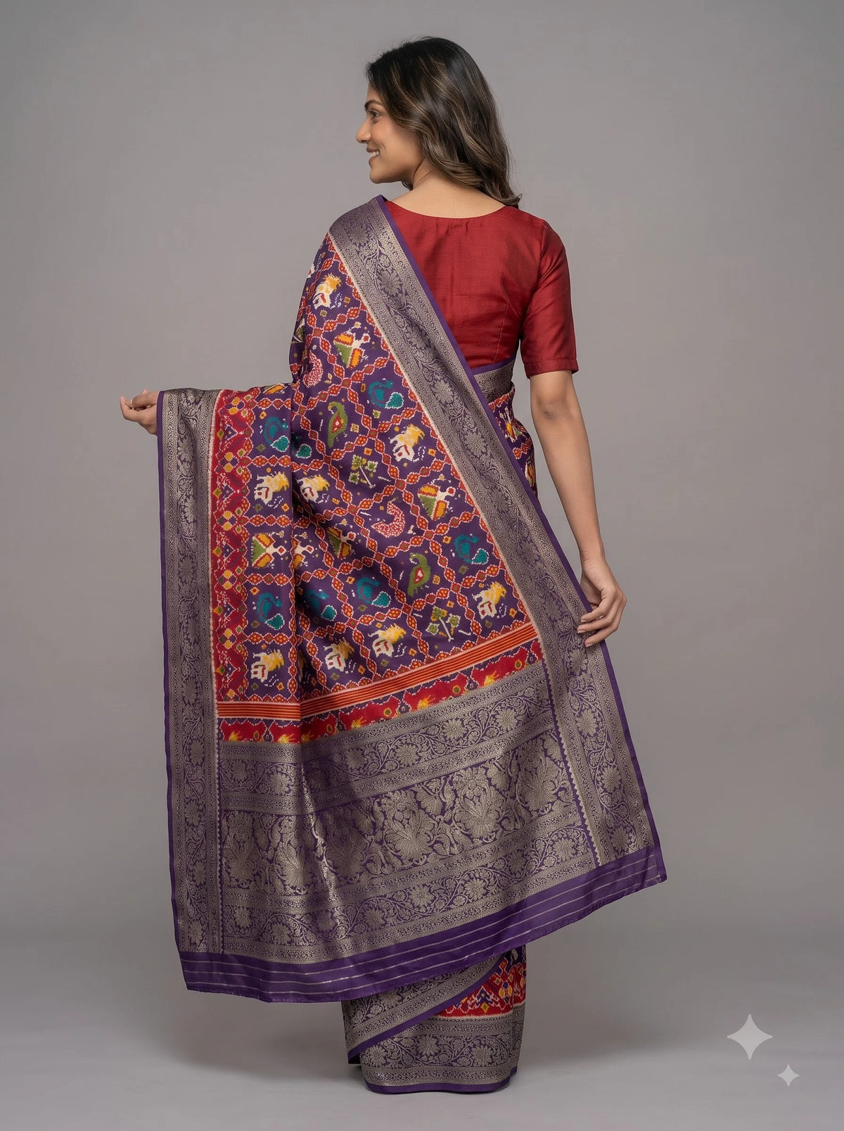 Purple Patola-Style Ikat Print Pure Modal Silk Saree with Zari Border