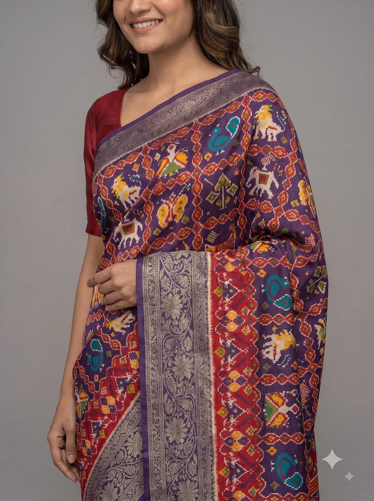 Purple Patola-Style Ikat Print Pure Modal Silk Saree with Zari Border